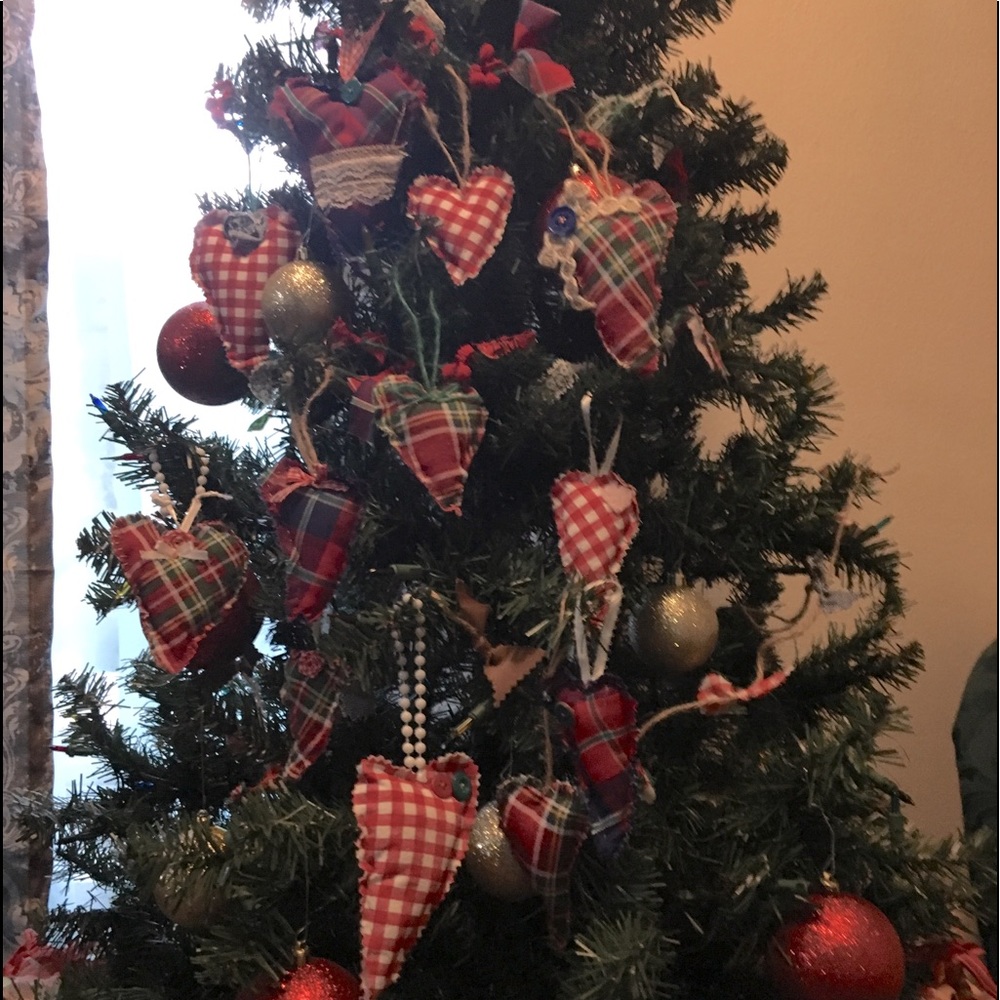 Set 12 Handmade Farmhouse plaid heart ornaments